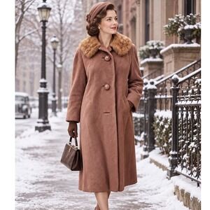 Vtg 50's Rothmoor Wool Coat Real Fur Collar Brown ILGWU Union Made Mid Century'